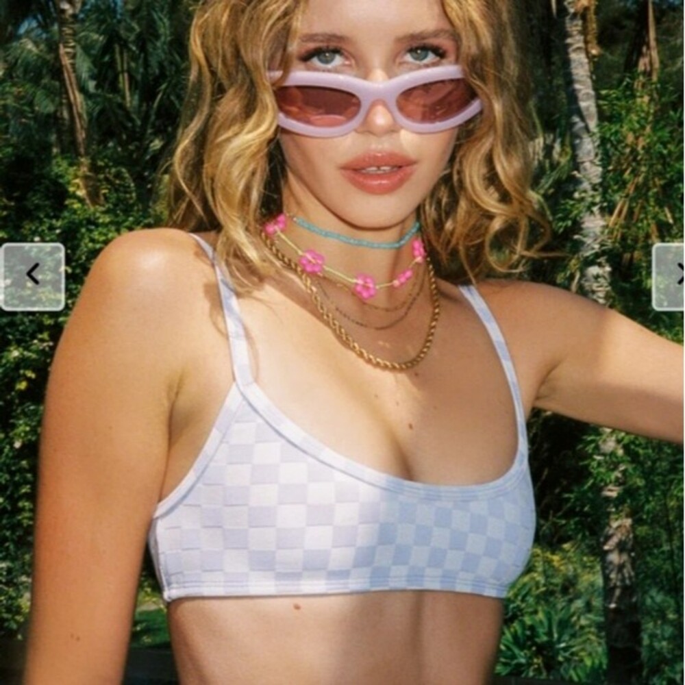 Frankies Bikinis Dallas Purple Check Jacquard Bralette Bikini Top‎ Size XL